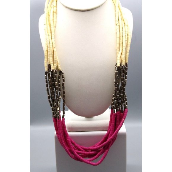 Multi Strand Colorful Heishi Necklace with Hot Pink Cream and Silver Findings - Picture 1 of 4